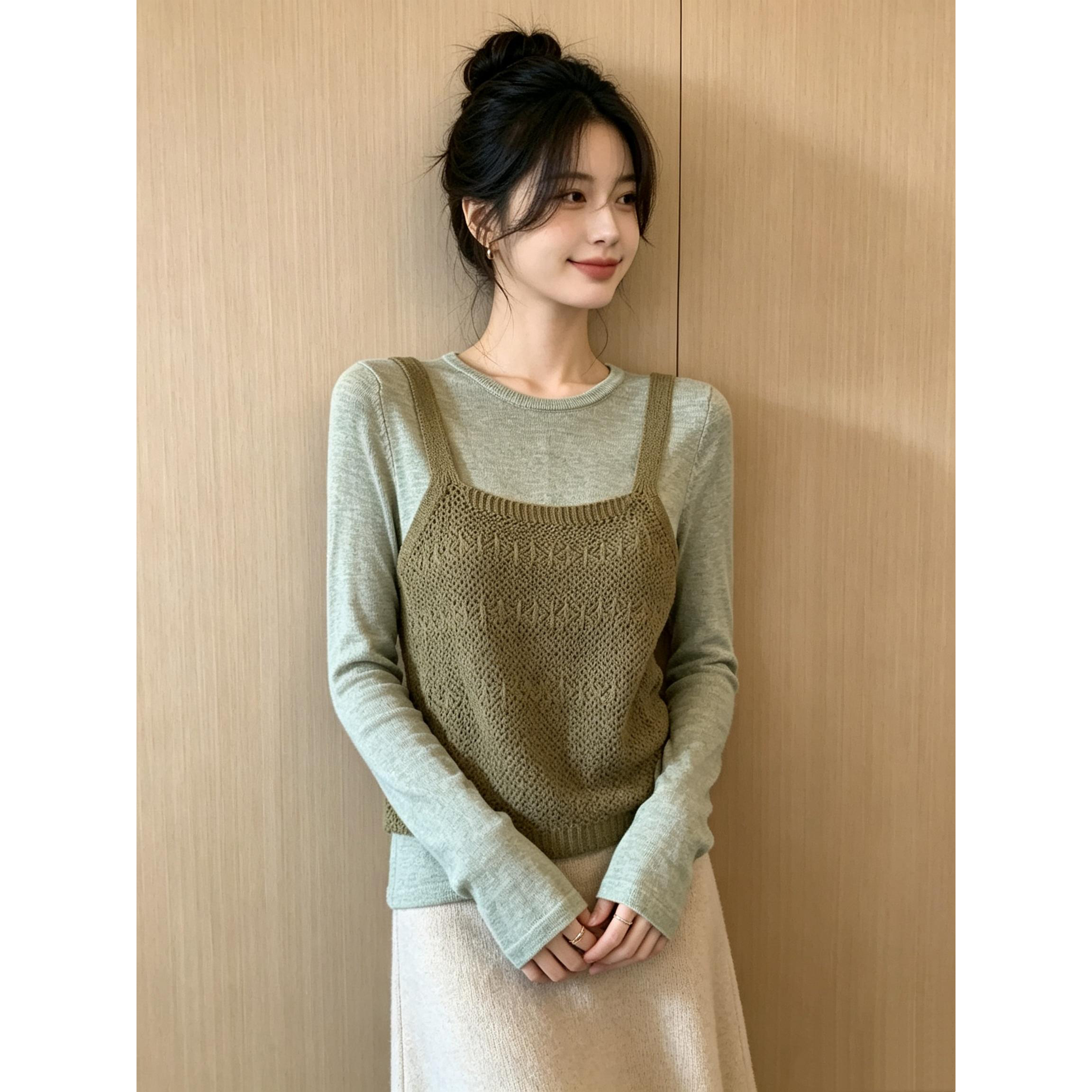 Korean Hollow-Out Knit Cami Solid Two-Piece Layering Top - Image 5