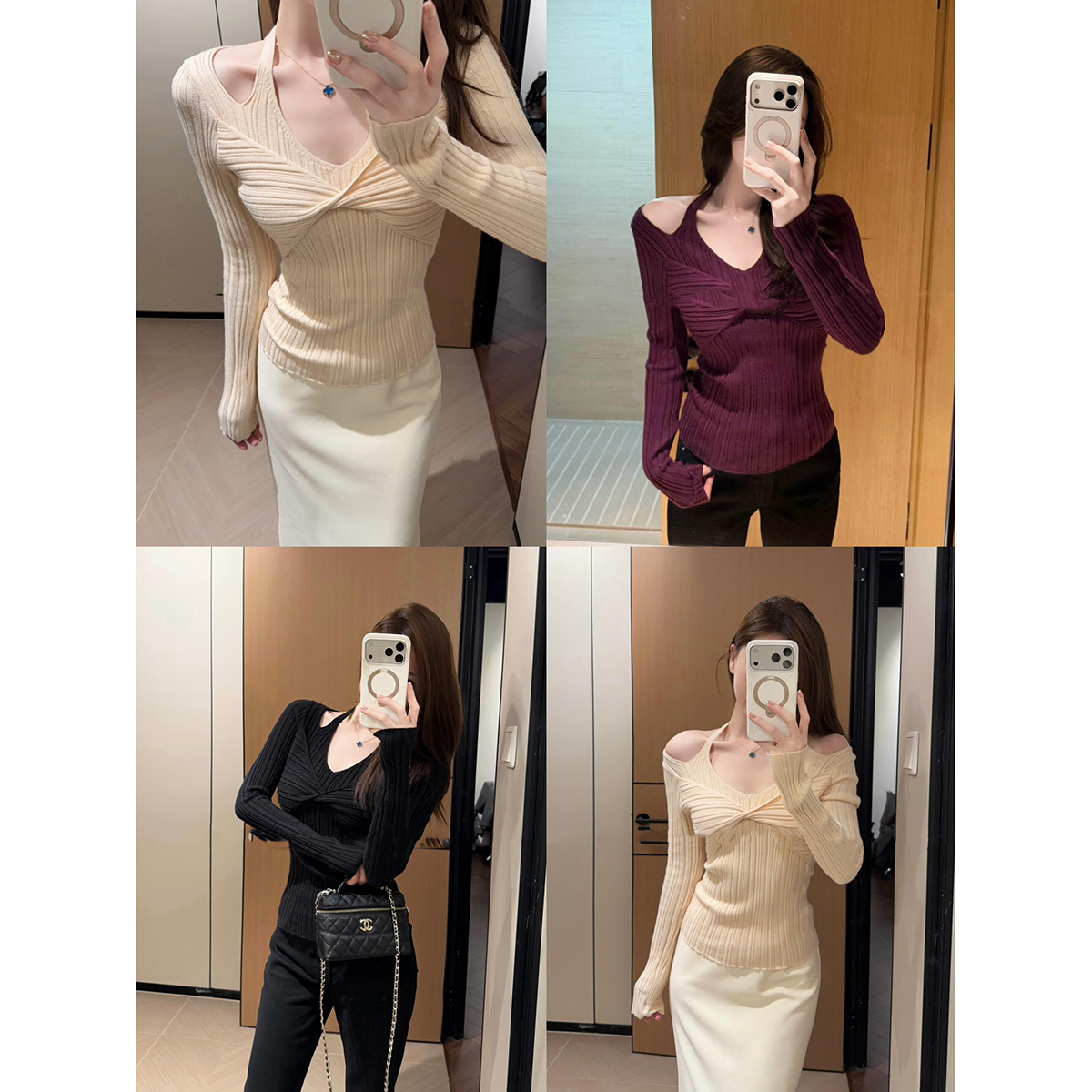 Women's Thick V-Neck Halter Twist Knit Top Faux Two-Piece Layering Shirt - Image 5
