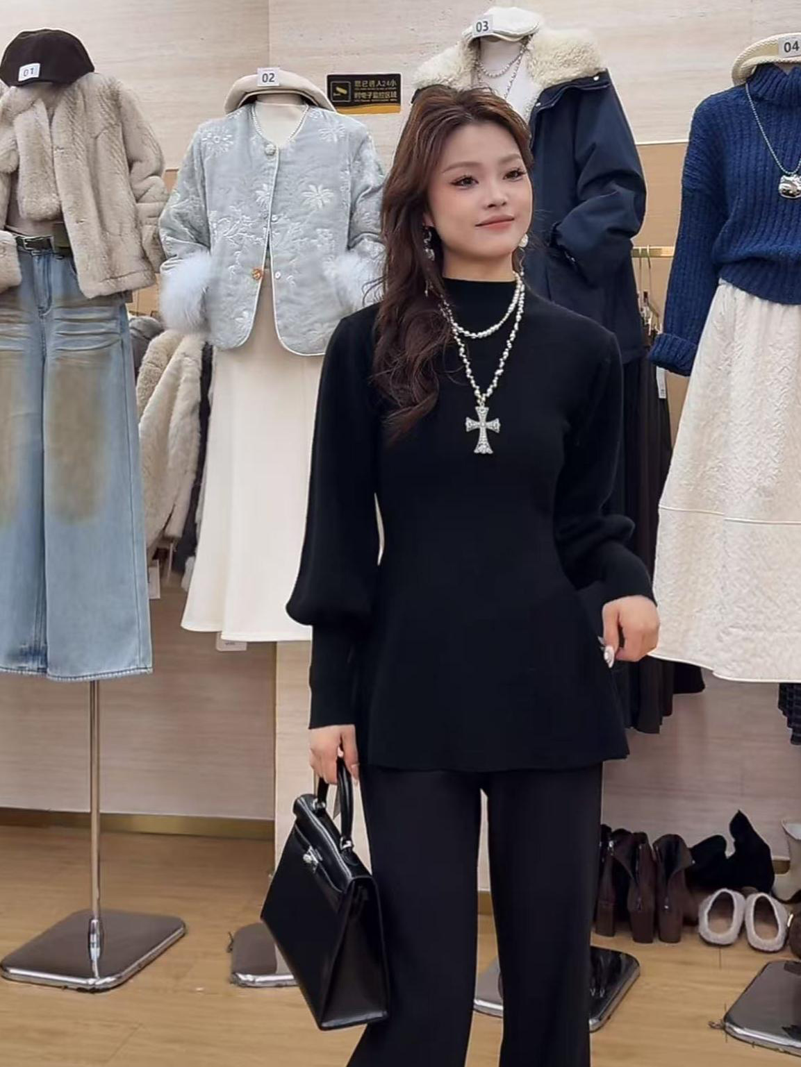 Women's Lantern Sleeve Knit Sweater French Half Turtleneck Batwing Sleeve Waist-Cinched Top - Image 3
